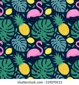 Seamless pattern with flamingo, pineapple, lemon and green palm leaves on dark blue background. Tropical monstera leaves illustration with fruits and exotic bird.Fashion design for textile, wallpaper.