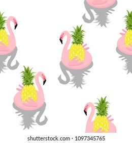 Seamless pattern Flamingo with Pineapple On white background.printing wallpaper.vector illustration