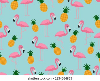 
Seamless pattern of flamingo with pineapple on pastel background - Vector illustration
