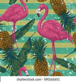 Seamless pattern with flamingo, pineapples, banana leaves. Hand drawn vector.