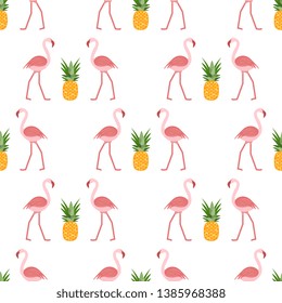 Seamless pattern with flamingo and pineapples. Tropical exotic background. Design for poster or print.