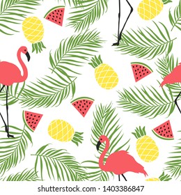 Seamless pattern with flamingo pineapples and watermelons. Vector illustration.