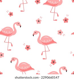 Seamless pattern with flamingo and pink flower on white background vector illustration.