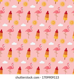 seamless pattern flamingo popsicle ice cream cloud orange summer vector background wallpaper textiles giftwrap