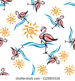 Seamless pattern. Flamingo. Sea and sun. Tropical. Summer design. Vector illustration