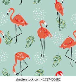 Seamless pattern with flamingo silhouette. Summer time. Exotic Hawaii art background. Design for fabric, wallpaper, textile and decor.