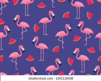 Seamless pattern of flamingo with slice watermelon on blue background - Vector illustration