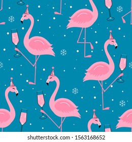 Seamless pattern with flamingo and snowflakes on blue background vector illustration. cute cartoon character for Christmas and New Year celebration.