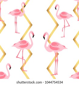 Seamless pattern flamingo standing on  on gold color zig zag and white background.printing wallpaper.vector illustration