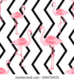 Seamless pattern flamingo standing on zig zag black and white background.printing wallpaper.vector illustration