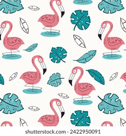 Seamless pattern flamingo standing on tropical leaves and white background.printing wallpaper.vector illustration