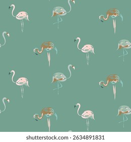 Seamless pattern of flamingo, stylized green background wallpaper texture. Tropical Hawaii shirt vector design
