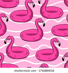 Patrón sin foco con flamingo. Fondo de verano. Ilustración vectorial dibujada a mano. textura de moda para impresión, papel pintado, textil, afiche,