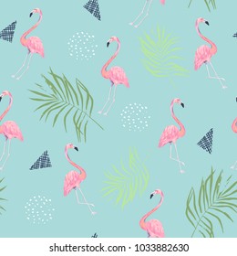 Seamless pattern with flamingo. Summer tropical design. Hand drawn vector illustration. Watercolor style