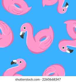 Patrón sin foco. Anillo de natación flamenco. Caucho inflable. Ilustración vectorial al estilo de las caricaturas aisladas en fondo azul.