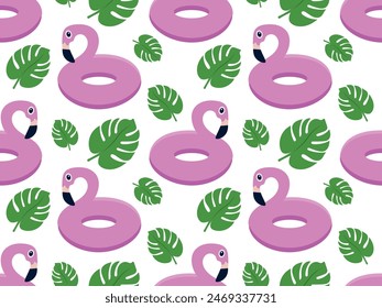 Seamless pattern with flamingo swimming ring and palm leaves. Summer pool swimming with flamingos. Vector illustration for print, wrapping paper, wallpaper, textile, eps 10