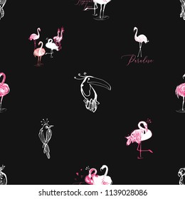 Seamless pattern with flamingo and tropical birds. Vector seamless background with paradise symbols. Wild nature decoration on black backdrop. Pink white hand drawn graphic illustration.