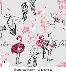 Seamless pattern with flamingo and tropical birds. Vector seamless background with paradise symbols. Wild nature decoration on pink backdrop. Black hand drawn graphic illustration.