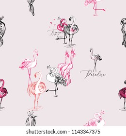 Seamless pattern with flamingo and tropical birds. Vector seamless background with paradise symbols. Wild nature decoration on pink backdrop. Black hand drawn graphic illustration.