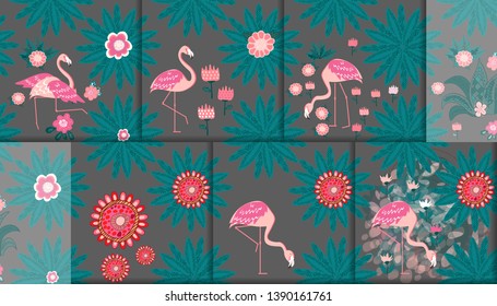Seamless pattern. Flamingo and a Tropical forest. Textile composition.