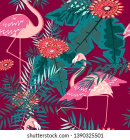 Seamless pattern. Flamingo and a Tropical forest. Textile composition.