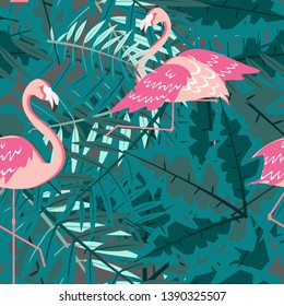 Seamless pattern. Flamingo and a Tropical forest. Textile composition.