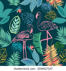 Seamless pattern of flamingo, tropical jungle palm leaves and flowers, vector background