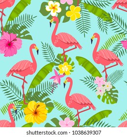 Seamless pattern with flamingo, tropical leaves and flowers on background