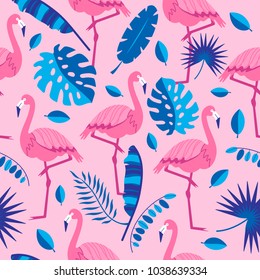 Seamless pattern with flamingo, tropical leaves and flowers on background