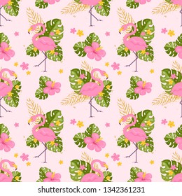 Seamless pattern with flamingo, tropical leaves and flowers. Vector background.