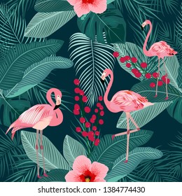 Seamless pattern of flamingo, tropical leaves of palm tree. Vector background.