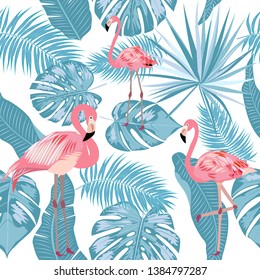 Seamless pattern of flamingo, tropical leaves of palm tree. Vector background.