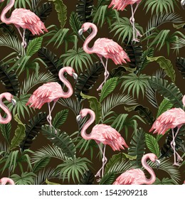 Seamless pattern with flamingo and tropical leaves. Vector.