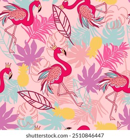  Padrão contínuo com flamingo e folhas tropicais. Padrão para artigos de papelaria, roupas, desgaste, Web e outros designs