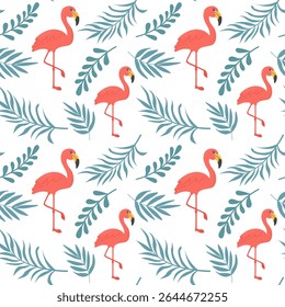 Padrão contínuo, flamingo e folhas tropicais. Para decoração de verão e design têxtil.
