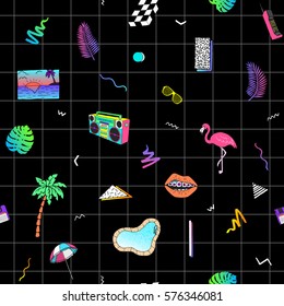 Seamless pattern with flamingo, tropical leaves, palm tree, boombox, pool in retro funky style