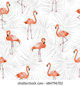 Seamless pattern of flamingo, tropical leaves of palm tree. Vector background.