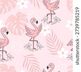 seamless pattern with flamingo and tropical plants flower