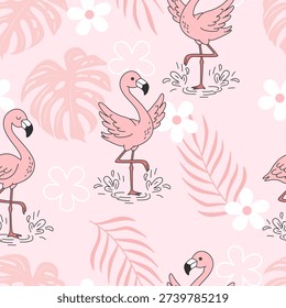 seamless pattern with flamingo and tropical plants flower