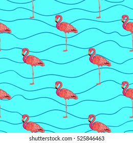 Seamless pattern with flamingo, vector illustration