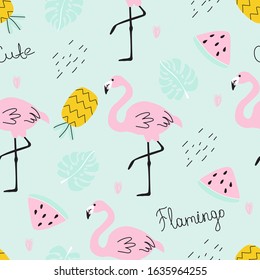 Seamless pattern with Flamingo, watermelon, pineapple and tropical leaves. Vector illustration for printing on fabric, packaging paper, dishes, Wallpaper. Cute children's background.