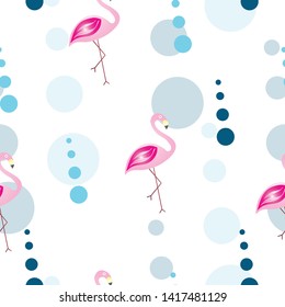 seamless pattern with flamingos and abstract bubbles in blue colors