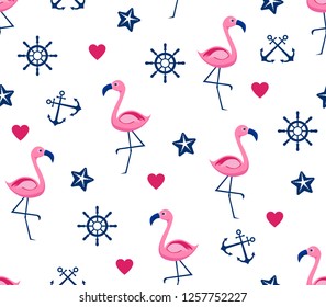 Seamless pattern with Flamingos, anchor, steering wheel and heart. Cute Marine pattern for fabric, baby clothes, background, textile, wrapping paper and other decoration.Vector illustration.
