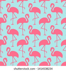 Seamless Pattern Flamingos Ans Waves Pink And Blue