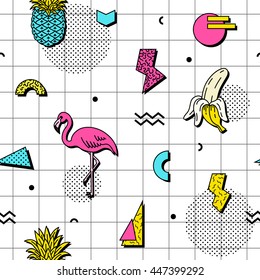 Seamless pattern with flamingos, bananas and pineapples in retro funky style