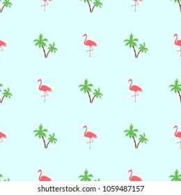 Seamless pattern with flamingos bird and palm trees on green background