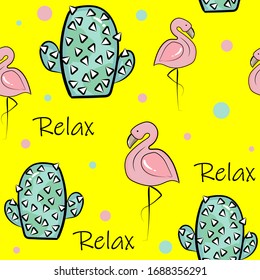 seamless pattern with flamingos and cacti on a yellow background. beautiful drawing on a summer theme with text