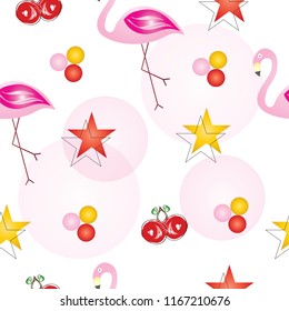 seamless pattern with flamingos, cherry fruits and stars vector