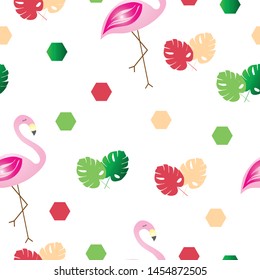 seamless pattern with flamingos and colorful leaves vector - summer theme