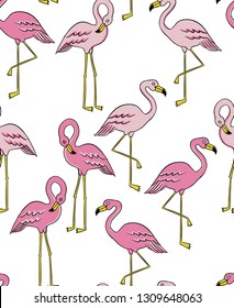 Seamless pattern with flamingos in different poses. Vector illustrations.